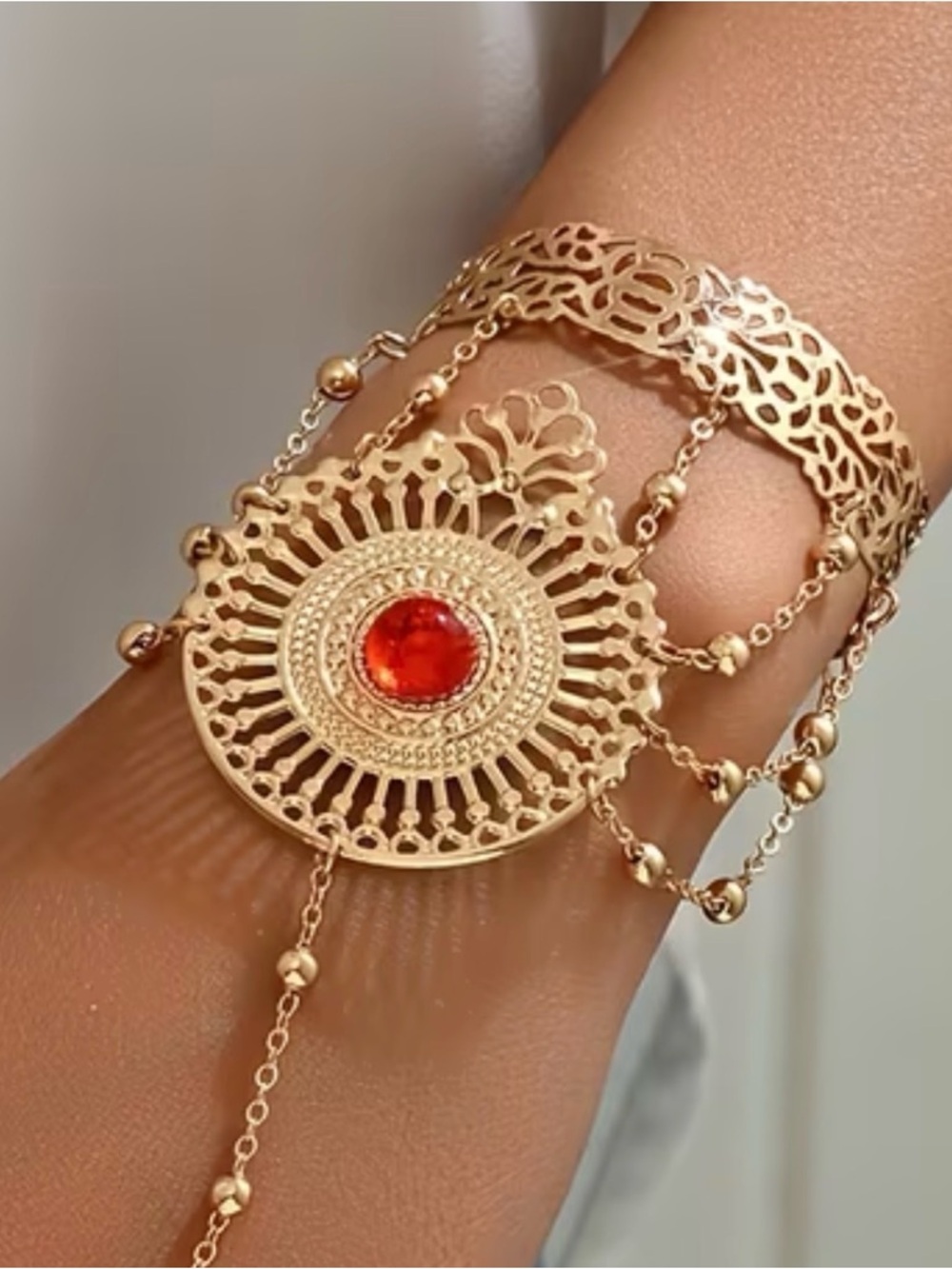 💎 HOST Pick💎 Golden Filigree Hand Chain Bracelet with Red Gem 💎 - Picture 2 of 6